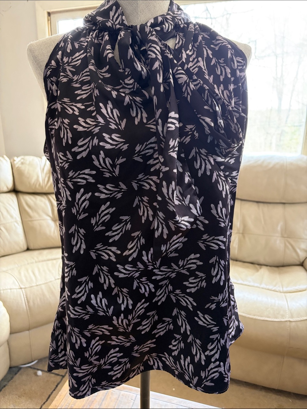 Banana Republic Black Blouse with Cream Leaf Print